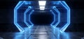 Futuristic Spaceship Neon Fluorescent Luminous Luxurious Led Laser Blue Lights Glowing Dark Grunge Concrete Tunnel Corridor Tiled Royalty Free Stock Photo