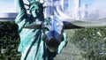 Futuristic spaceship and statue of liberty. Future concept. Aerial view.