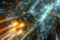 Futuristic Spaceship Traveling at Warp Speed Through Starfield, Hyperspace Travel Concept, Sci Fi Starship in Cosmic Landscape