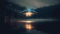 Futuristic spaceship travels through glowing galaxy, a mysterious journey generated by AI