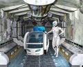 Futuristic spacewoman in spaceship with pod