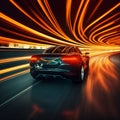Futuristic speeding car back view curving tunnel light streaks