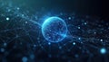 Futuristic sphere connected by glowing network structure in dark space. Digital sphere represents tech innovation, global