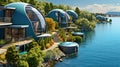 Futuristic sphere houses seaside ai generated background image