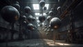 A futuristic sphere illuminates a dark factory floor indoors generated by AI