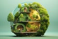 Futuristic spherical eco-house surrounded by greenery