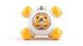 Futuristic spherical robot with orange and white design on a white background