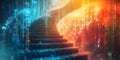 Futuristic Spiral Staircase with Digital Data and Colorful Light Effects Royalty Free Stock Photo