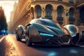 Futuristic sport car drives on city street, luxury auto on buildings background, generative AI