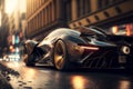 Futuristic sport car drives on city street, luxury auto on buildings background, generative AI