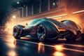 Futuristic sport car drives on city street at night, luxury car moves fast, generative AI