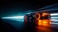 Futuristic sport car driving speedily with light reflections in the dark