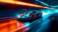 Futuristic sport car driving speedily with light reflections in the dark