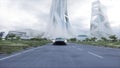 Futuristic sport car very fast driving on highway. Futuristic city concept. 3d rendering.