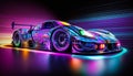 Futuristic sports car brightly lit by night neon lights.