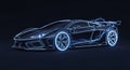 Futuristic sports car outlined in glowing neon blue light with electrical sparks on a dark background Royalty Free Stock Photo