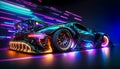 futuristic sports car with neon lights. Modern background. AI generated