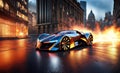 Futuristic sports car speeding through city streets Royalty Free Stock Photo