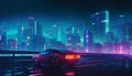 A futuristic sports car speeds through the illuminated city streets generated by AI Royalty Free Stock Photo