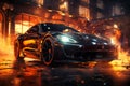 Futuristic sports super car concept on the background of the night city with flame and fire, street racing on expensive exclusive