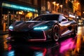 Futuristic sports super car concept on the background of the night city, street racing on expensive exclusive luxury auto, AI Royalty Free Stock Photo