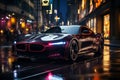 Futuristic sports super car concept on the background of the night city, street racing on expensive exclusive luxury auto, AI Royalty Free Stock Photo