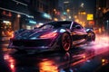 Futuristic sports super car concept on the background of the night city, street racing on expensive exclusive luxury auto, AI Royalty Free Stock Photo