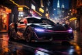 Futuristic sports super car concept on the background of the night city, street racing on expensive exclusive luxury auto, AI Royalty Free Stock Photo