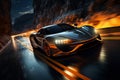 Futuristic sports super car in fast motion riding on highway road, night street racing on expensive exclusive luxury auto, AI