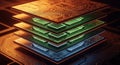 A futuristic stack of three electronic chips or processors arranged in a pyramid shape with orange and green color scheme on black Royalty Free Stock Photo