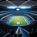 Futuristic stadium filled with spectators watching advanced sports and competitions