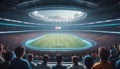 Futuristic stadium filled with spectators watching advanced sports and competitions