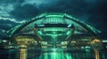 Futuristic stadium with green glowing lights at night