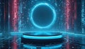 Futuristic stage design with glowing blue circle in background. Digital platform illuminated by neon lights reflects tech Royalty Free Stock Photo