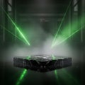 Futuristic stage with green laser beams and smoke for dramatic effect Royalty Free Stock Photo