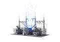 Futuristic stage lighting rig with bright centerpiece and pyrotechnics display Royalty Free Stock Photo