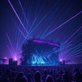 Futuristic Stage Metal Construction, Live Rock Concert, Festival, Night Club Party, Cheering Crowd, Lots of People Silhouette, Royalty Free Stock Photo