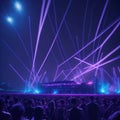 Futuristic Stage Metal Construction, Live Rock Concert, Festival, Night Club Party, Cheering Crowd, Lots of People Silhouette, Royalty Free Stock Photo