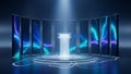 A futuristic stage with a transparent podium surrounded by vertical screens displaying abstract light patterns Royalty Free Stock Photo