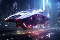 Futuristic starship embraced by neon cyberpunk visuals