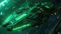 A futuristic starship glowing in neon green as it navigates through the dark abyss of the universe