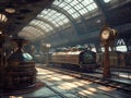 Futuristic station with steam trains
