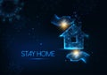 Futuristic stay at home during coronavirus quarantine concept with glowing hands holding a house