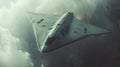 Futuristic stealth aircraft flying through dramatic stormy skies with advanced aerodynamic design and innovative technology
