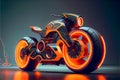 Futuristic steampunk motorcycle.Orange neon glow