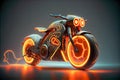 Futuristic steampunk motorcycle.Orange neon glow