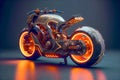 Futuristic steampunk motorcycle.Orange neon glow