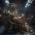 Futuristic Steampunk Time Machine Illuminated in a Dark Industrial Environment Royalty Free Stock Photo