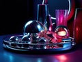 Futuristic still life with metallic objects and neon