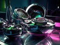 Futuristic still life with metallic objects and neon